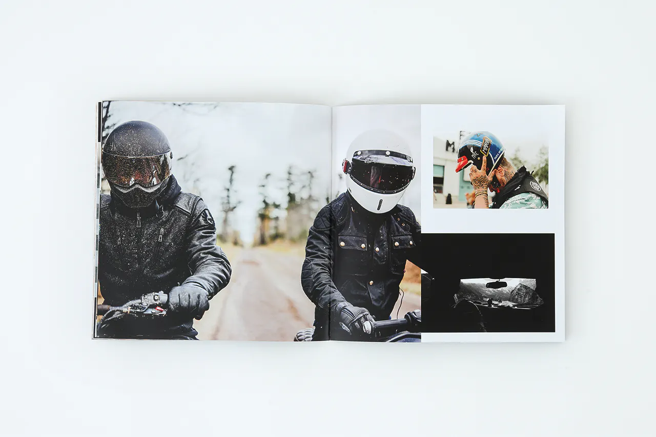 A photography book laying open to images of two people riding motorcycles and a man taking off his helmet.
