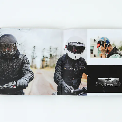 A photography book laying open to images of two people riding motorcycles and a man taking off his helmet.
