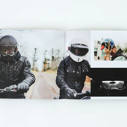 ©Roy Son Photo A photography book laying open to images of two people riding motorcycles and a man taking off his helmet.
