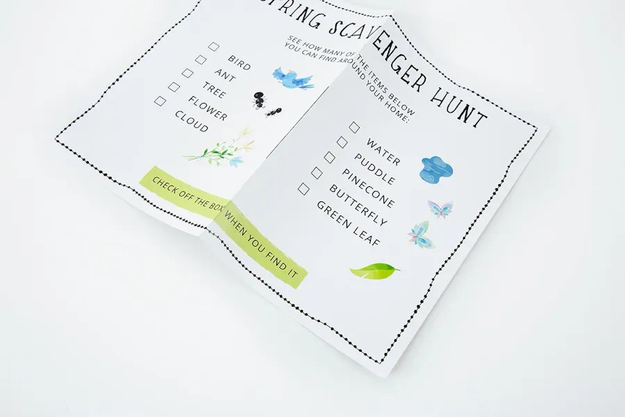 A scavenger hunt flyer printed with a spring-themed item list and artwork.