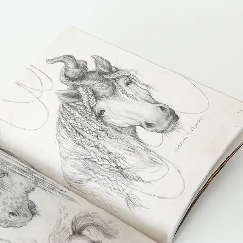 A sketchbook laying open to black and white illustrations of a horse with braided hair.