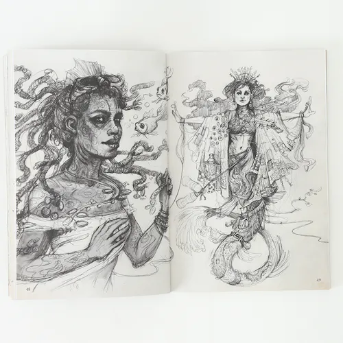 A sketchbook laying open to black and white illustrations of two fantasy characters.