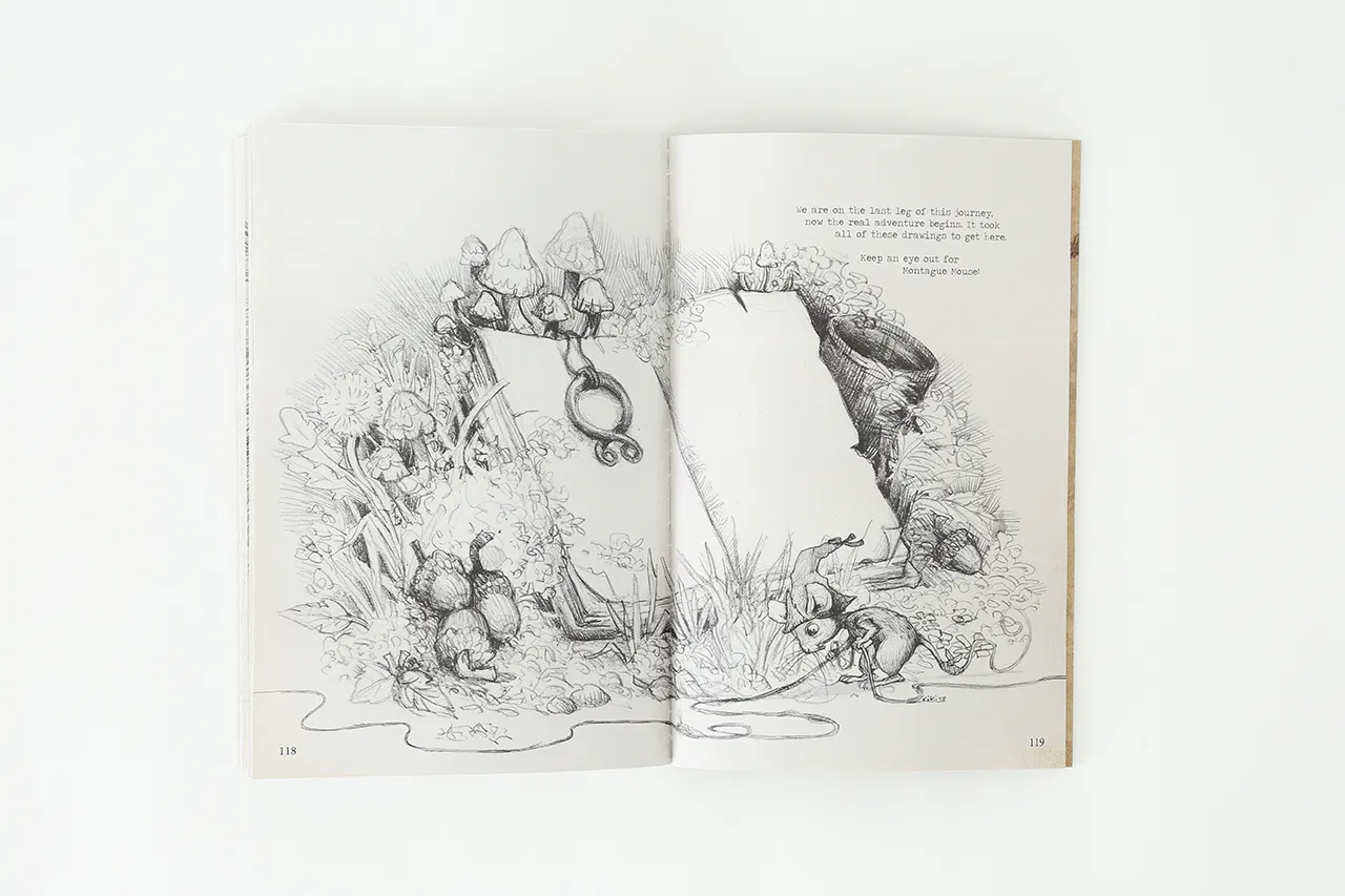 A sketchbook laying open to illustrations of a blank notebook sitting among grass, mushrooms and mice.