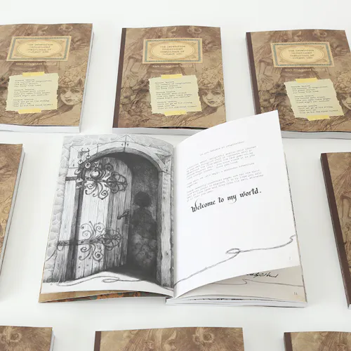 A sketchbook laying open to an illustration of a person walking through a wooden door and Welcome to My World.