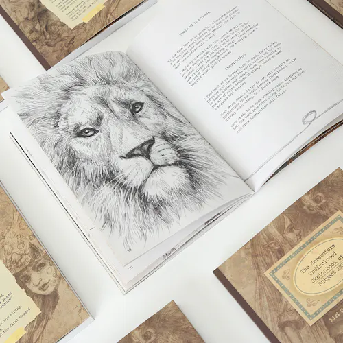 Custom printed sketchbooks lined up in rows with one open to an illustration of a lion in black and white.