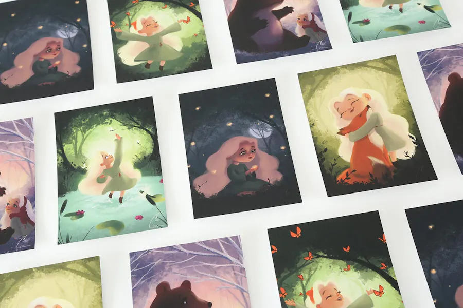 Custom postcards printed with fantasy artwork of a girl in the forest with a fox, bear and butterflies.