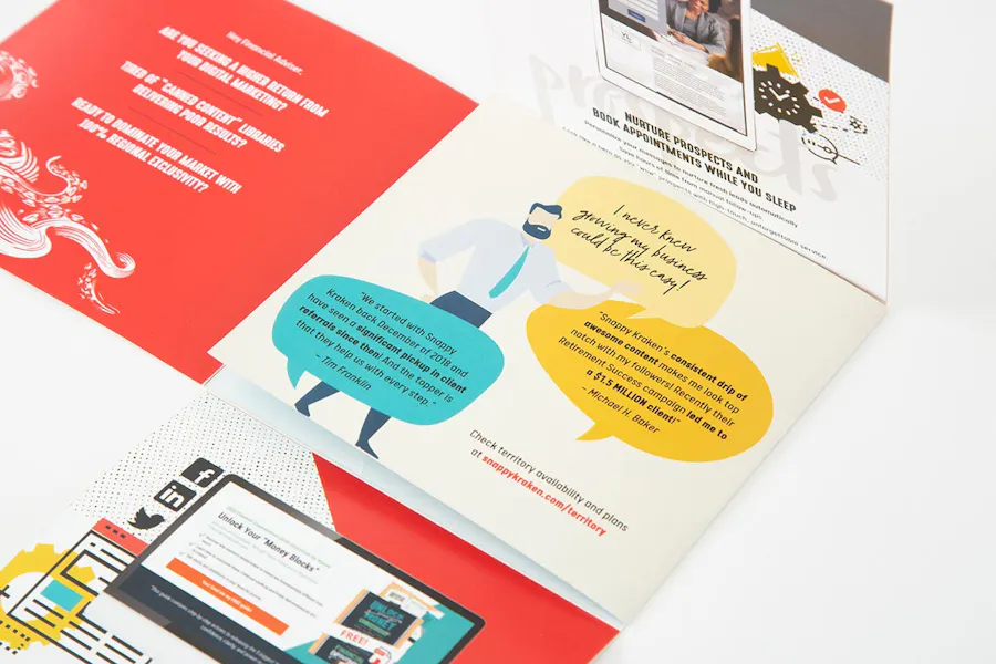 A custom direct mail unfolding to a cross shape with a bright yellow, orange and teal design.