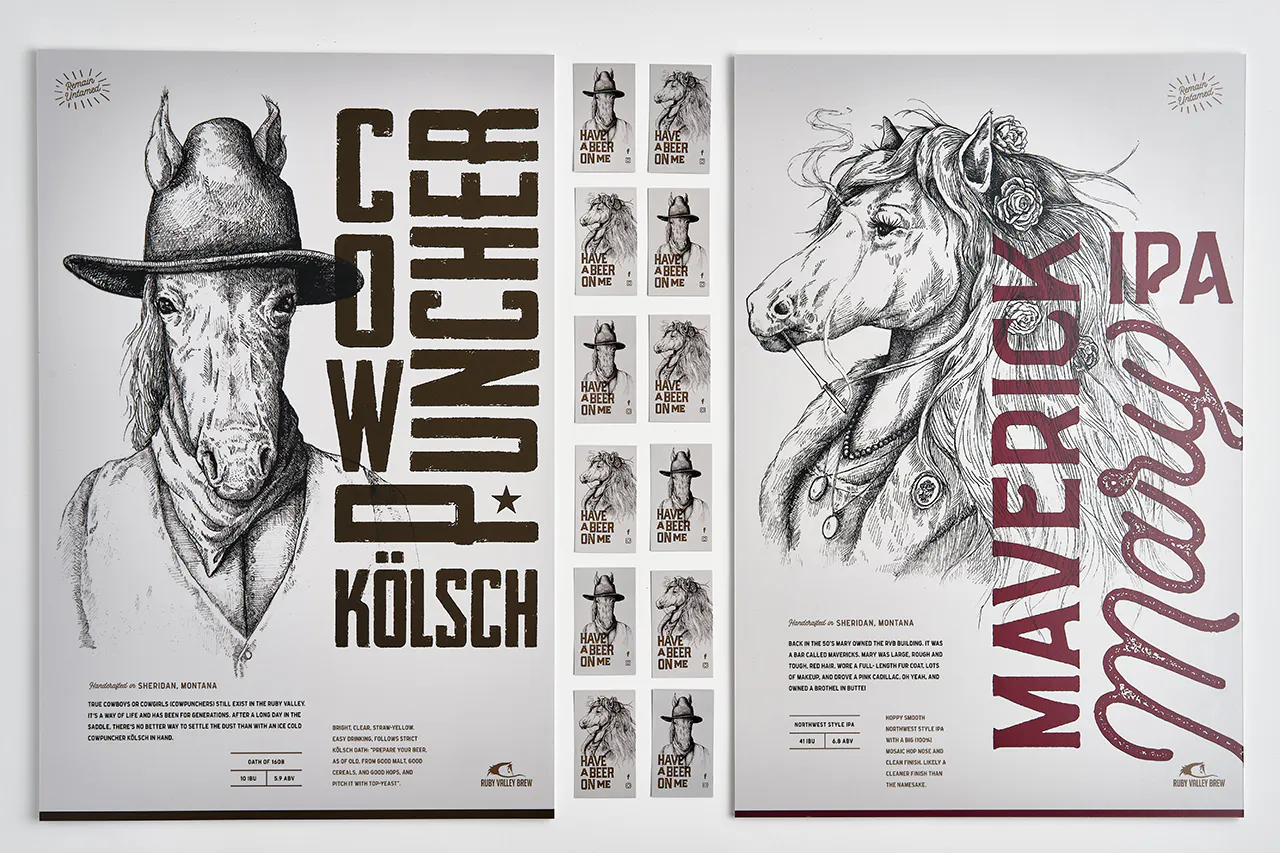 Two brewery marketing posters with business cards lined up between them, all printed with horse graphics.