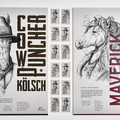 Two brewery marketing posters with business cards lined up between them, all printed with horse graphics.