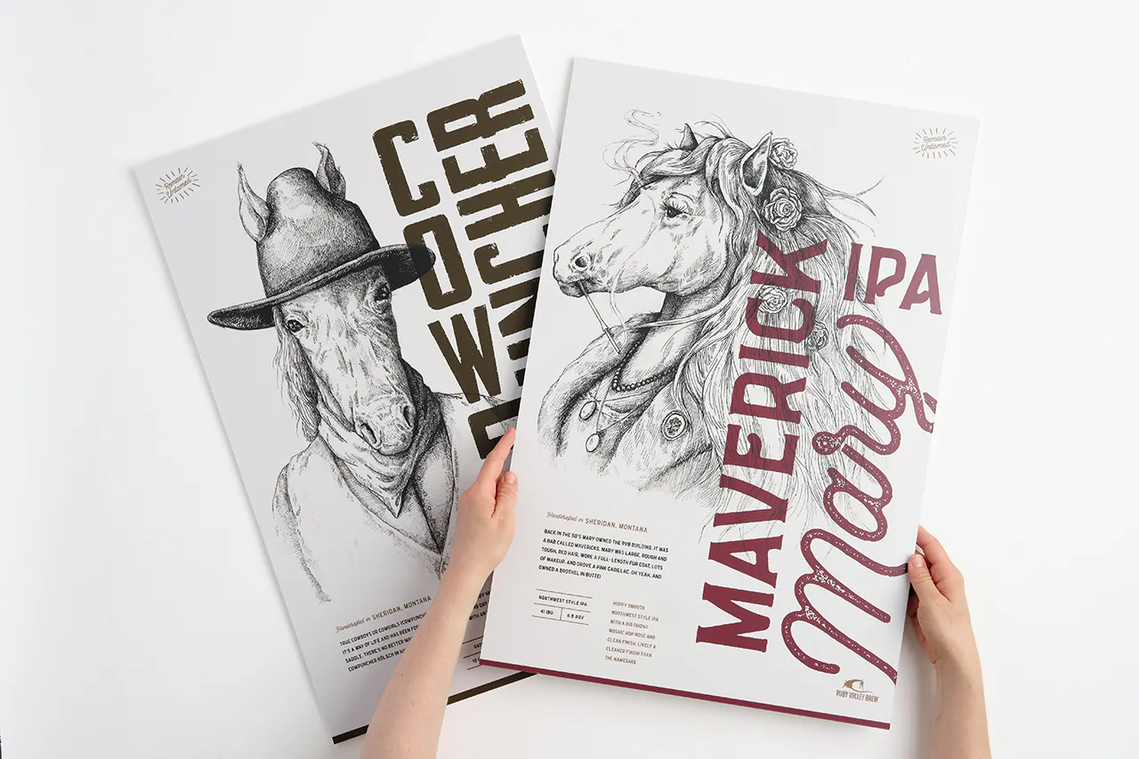 Two brewery posters overlapping each other with two hands holding one printed with a horse and Maverick Mary IPA.