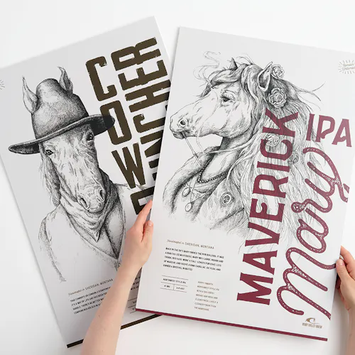 Two brewery posters overlapping each other with two hands holding one printed with a horse and Maverick Mary IPA.