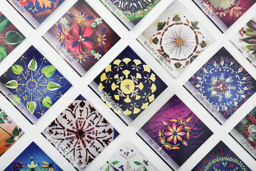 Custom cards printed with nature mandalas in various colors and patterns.