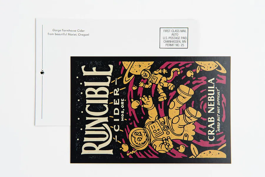 Two marketing postcards overlapping each other with Runcible Cider and a gold and red design on the front.