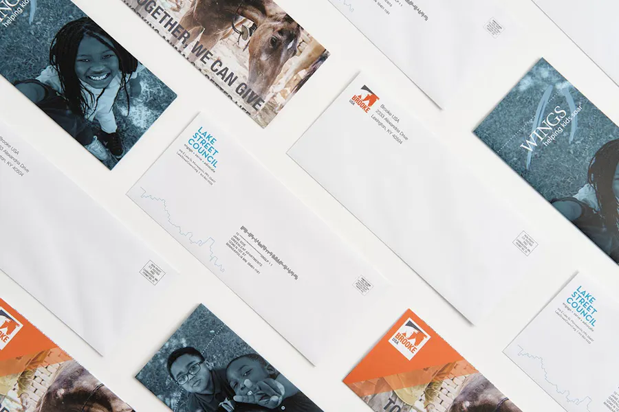 Various nonprofit marketing print pieces, including custom brochures and business envelopes.