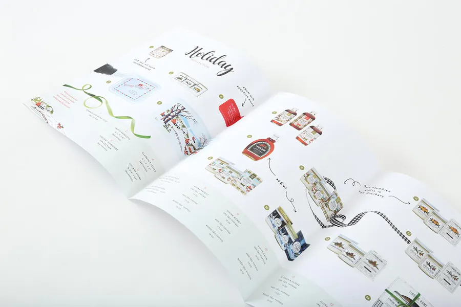 A custom brochure printed as a holiday catalog with three panels showing products and details.