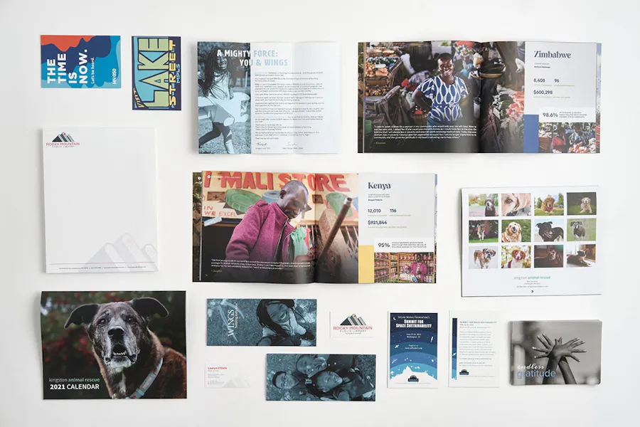 A collage of print marketing ideas for charities, including nonprofit booklets, calendars and mailers.