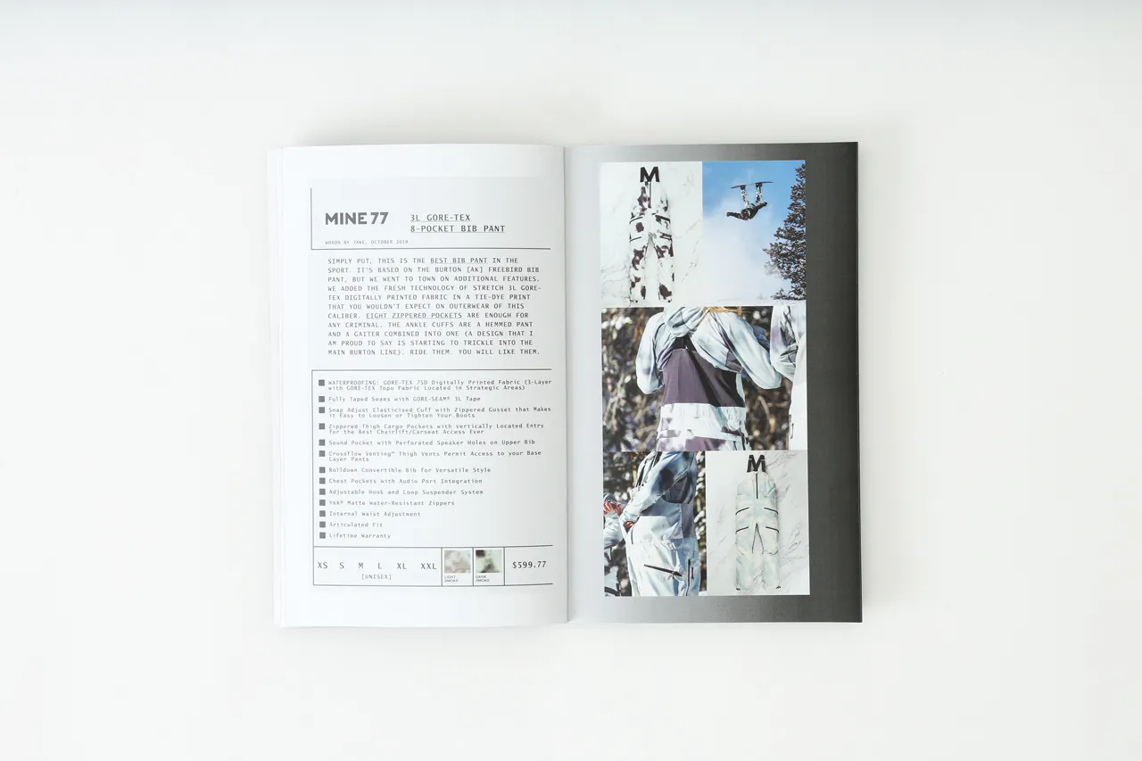 A Mine77 lookbook laying open to images of bib snowpants and details about them.