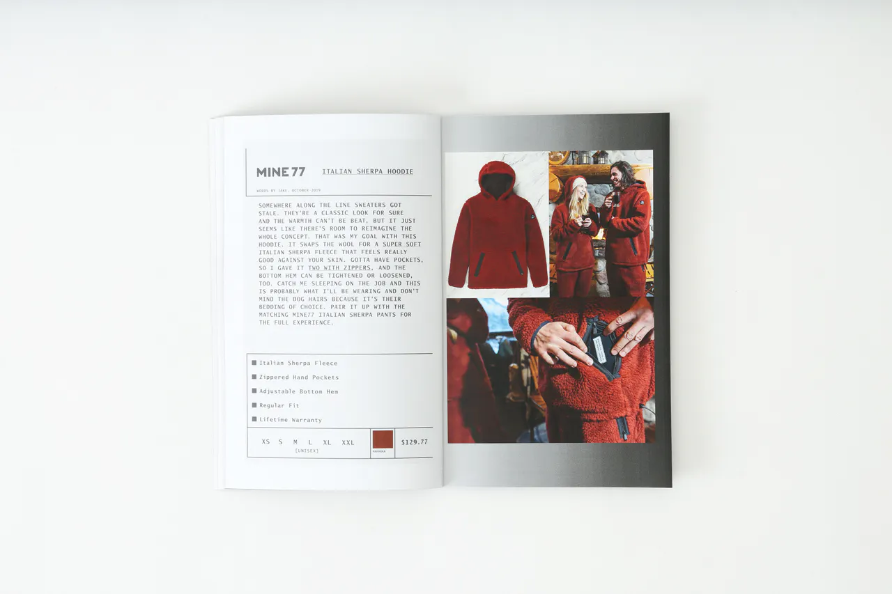 A Mine77 lookbook laying open to images of a sherpa hoodie and details about it.