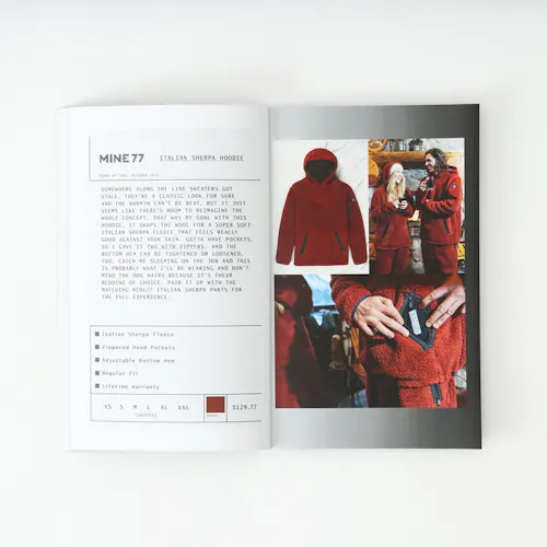 A Mine77 lookbook laying open to images of a sherpa hoodie and details about it.