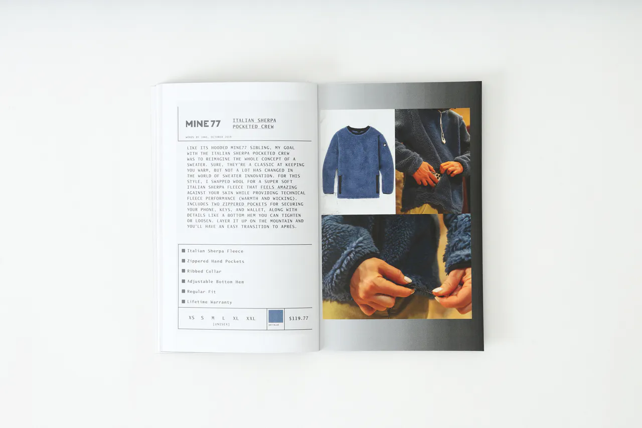A Mine77 lookbook laying open to images of a sherpa top and details about it.