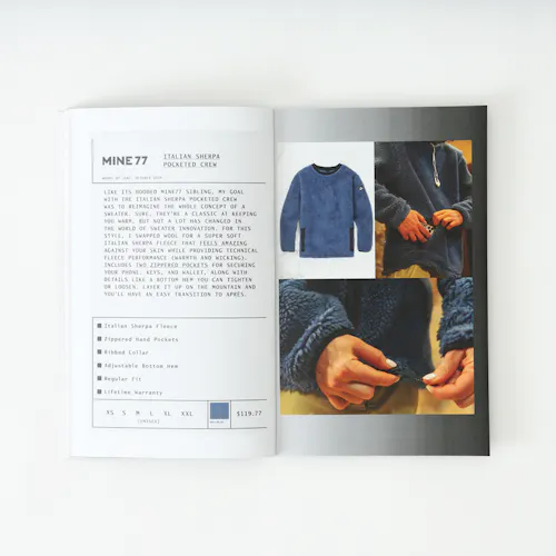 A Mine77 lookbook laying open to images of a sherpa top and details about it.