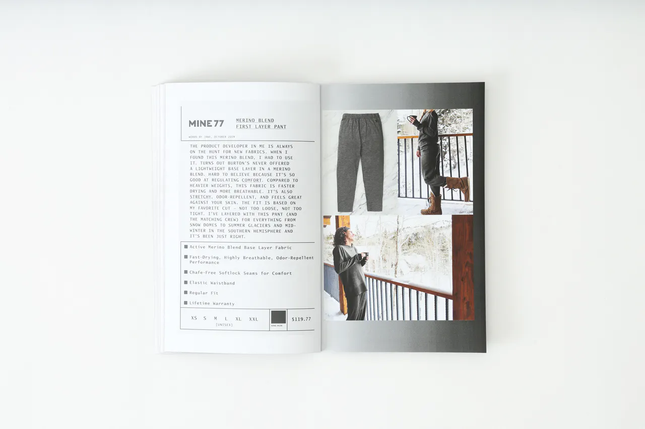 A Mine77 lookbook laying open to images of laying pants and details about them.