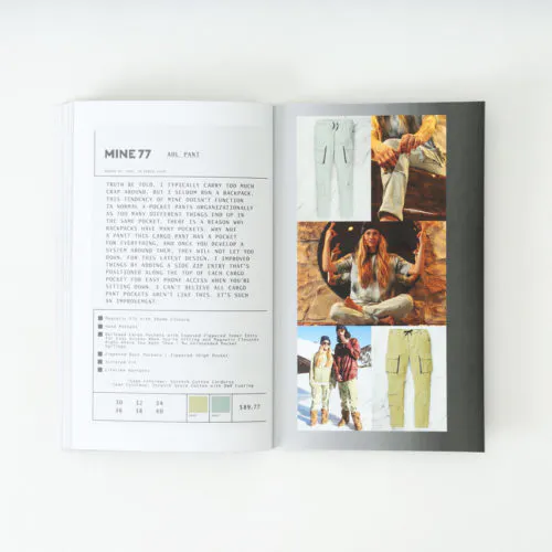 A Mine77 lookbook laying open to product images of pants with zippers and details about them.