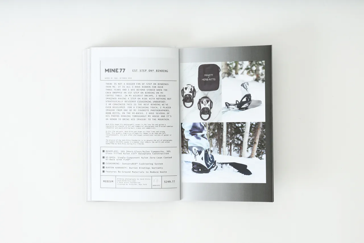 A Mine77 lookbook laying open to images snowboard bindings and details about them.