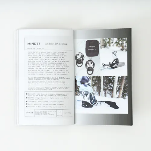 A Mine77 lookbook laying open to images snowboard bindings and details about them.