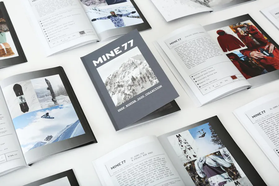 Burton Mine 77 custom lookbooks printed with perfect bindings and laying open to product images and details.