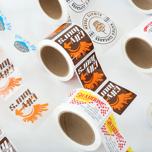 Roll Labels Custom rolls labels printed with branding for City Tours, Shabooms, Katie's Cupcakes and Pie in the Sky.