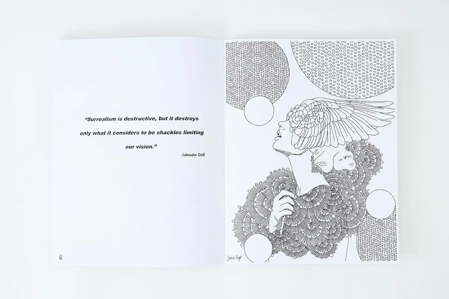 A custom coloring book laying open to a black and white illustration of a woman and a quote.