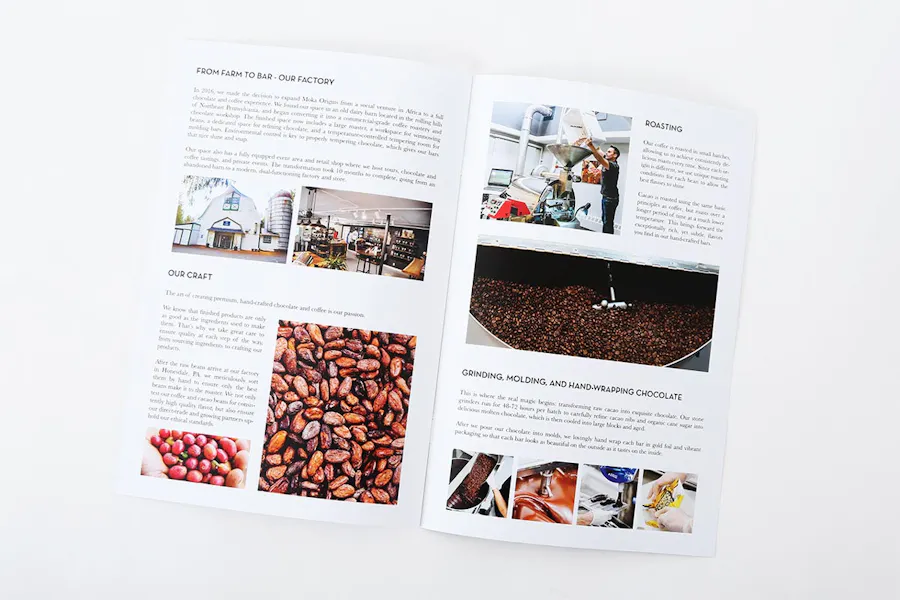 A marketing booklet laying open to images and text about coffee beans being processed.