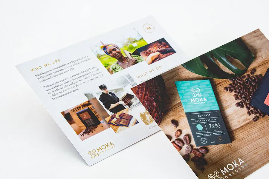 Two custom postcards printed with marketing imagery and text for Moka Origins.