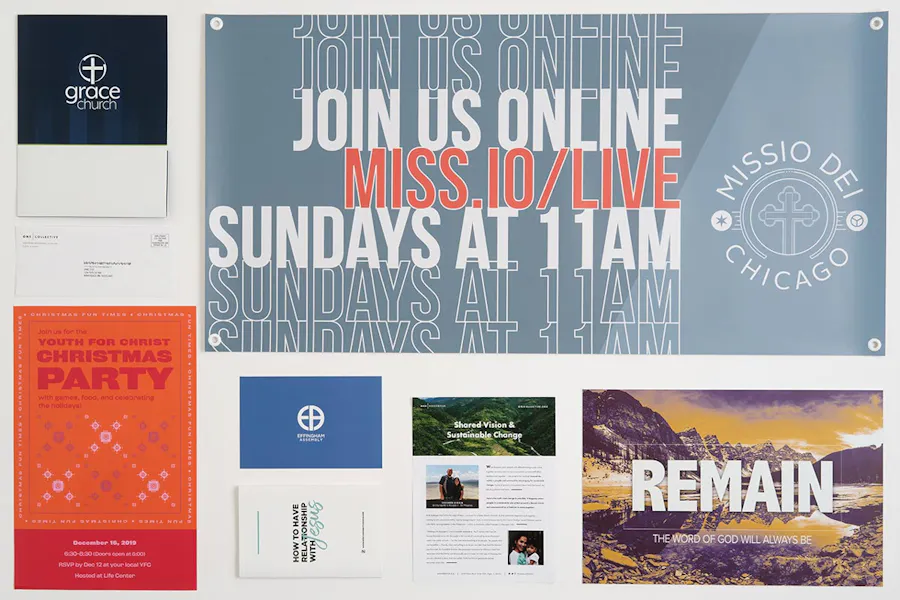 A collage of church marketing materials, including a banner, pocket folder, direct mail postcard, booklet and newsletter.