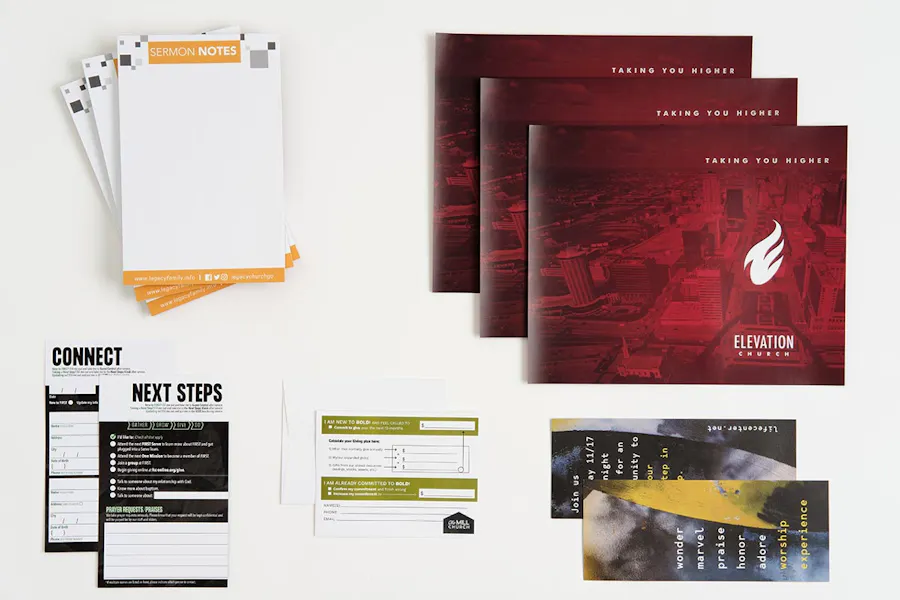 Marketing collateral for churches, including booklets, sermon notepads, connection cards and brochures.