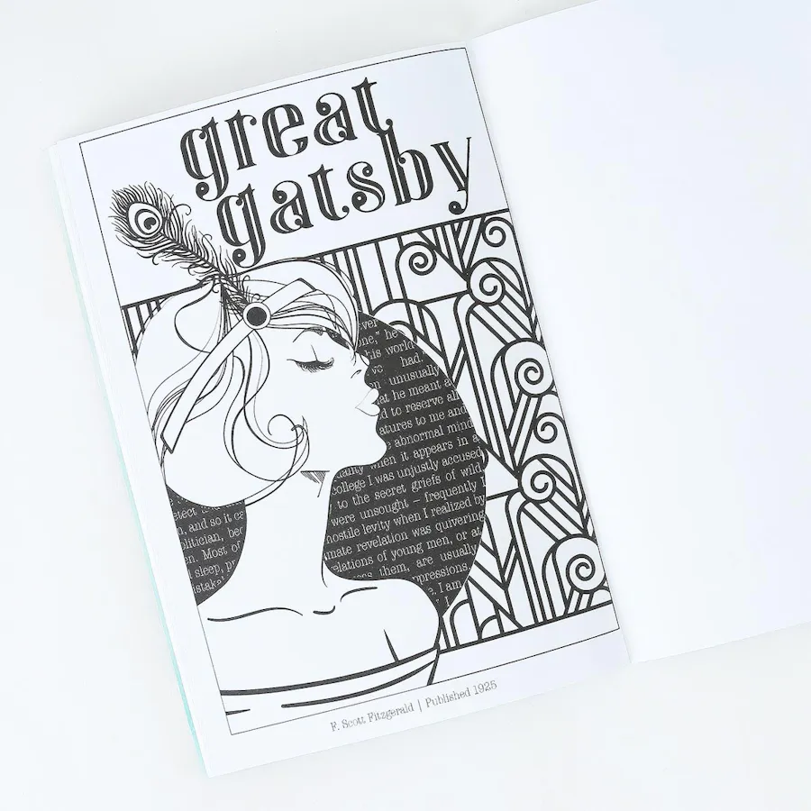 A custom coloring book printing with great gatsby and a black and white flapper design on the front.