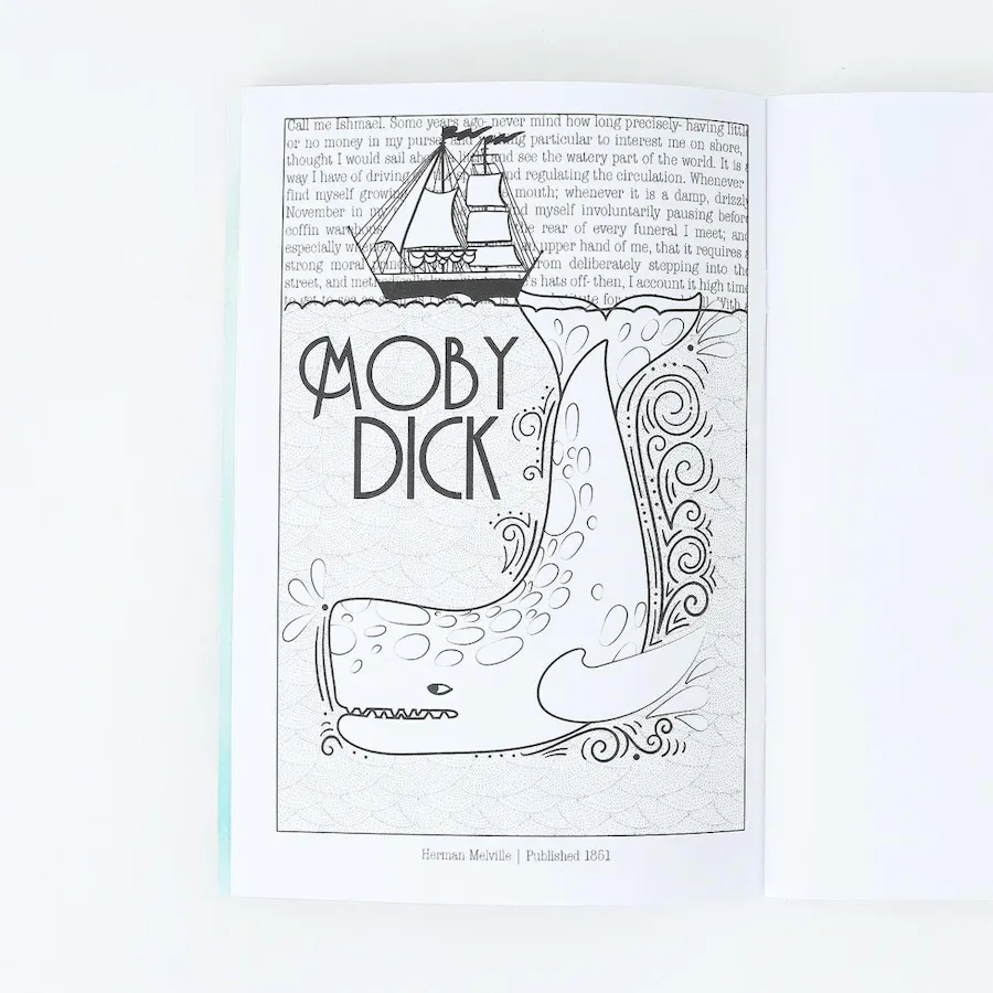 A custom coloring book with Moby Dick and a black and white whale and ship design on the front.