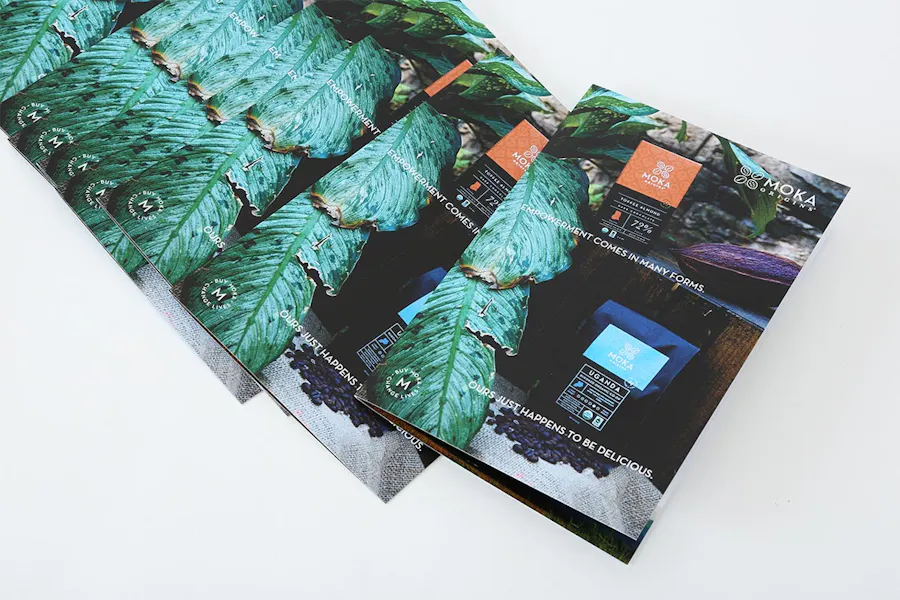Custom brochures fanned out with coffee beans, chocolate bars and Moka Origins on the cover.