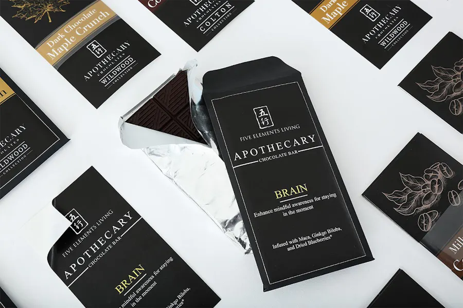 Packaging labels laid out in rows with a black design and printed with Apothecary Chocolates in white text.