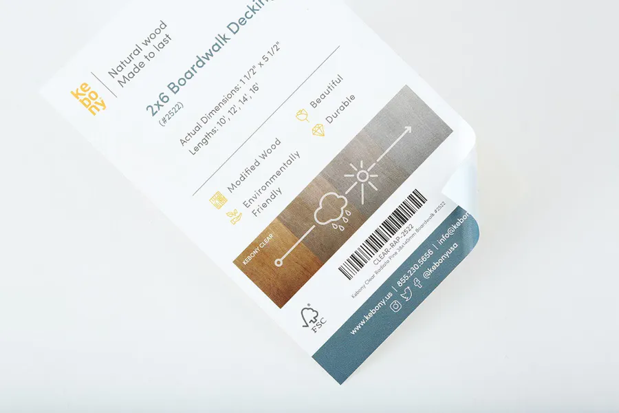 A custom packaging sticker printed with Natural wood made to last above product details and a barcode.