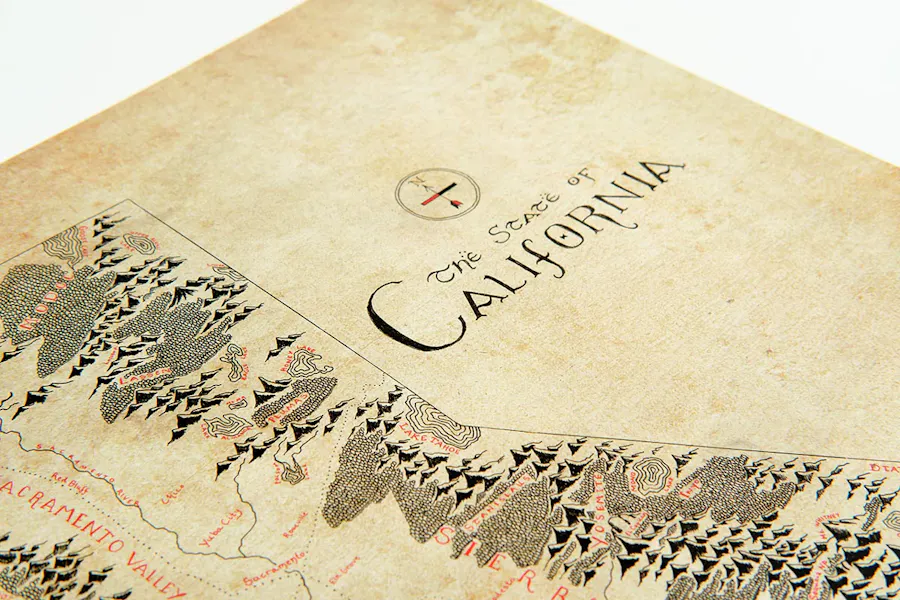 A custom poster printed with a detailed map of California and The State of California in black text.