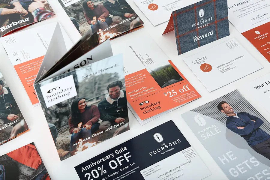 Branded print marketing for Boundary Clothing, including catalogs, direct mail postcards and loyalty program cards.