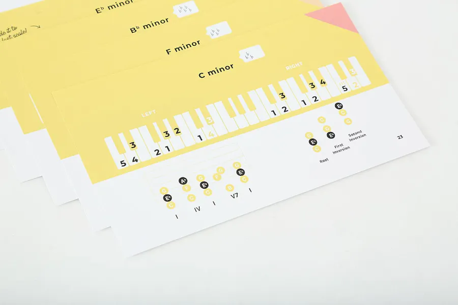 Piano music note flashcards printed with a yellow and white design.