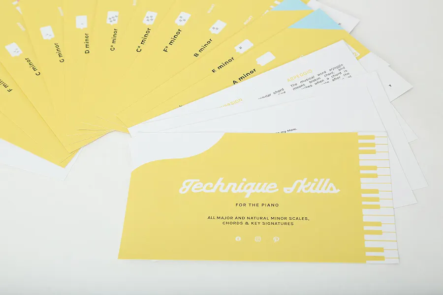 A collated set of music flashcards for piano technique skills printed with a yellow and white design.