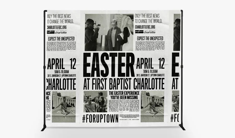 A step and repeat banner with a black and white newspaper clippings design for Easter.