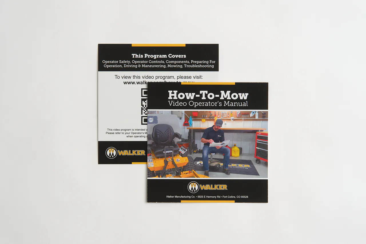 Two Walker Mower product manuals printed with How-To-Mow Video Operator's Manual on the front.