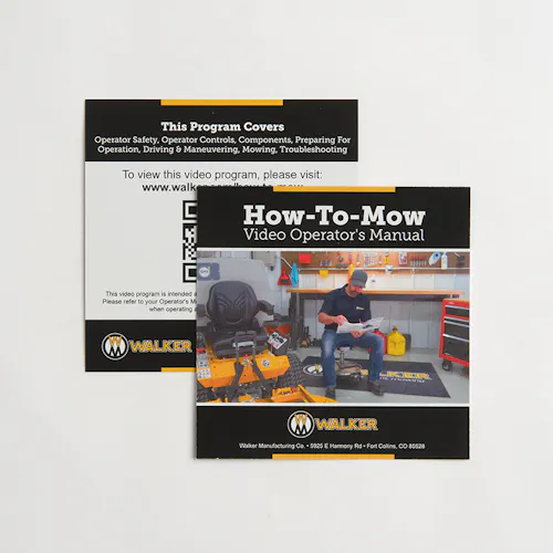Two Walker Mower product manuals printed with How-To-Mow Video Operator's Manual on the front.