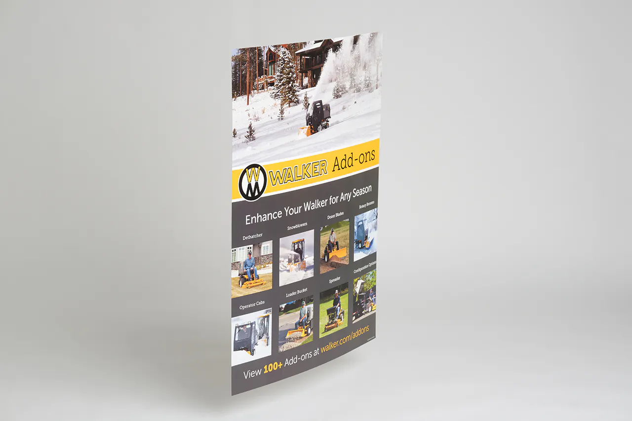 A Walker Mower marketing poster printed with Enhance Your Walker for Any Season in black, white and yellow.