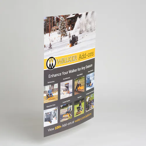 A Walker Mower marketing poster printed with Enhance Your Walker for Any Season in black, white and yellow.